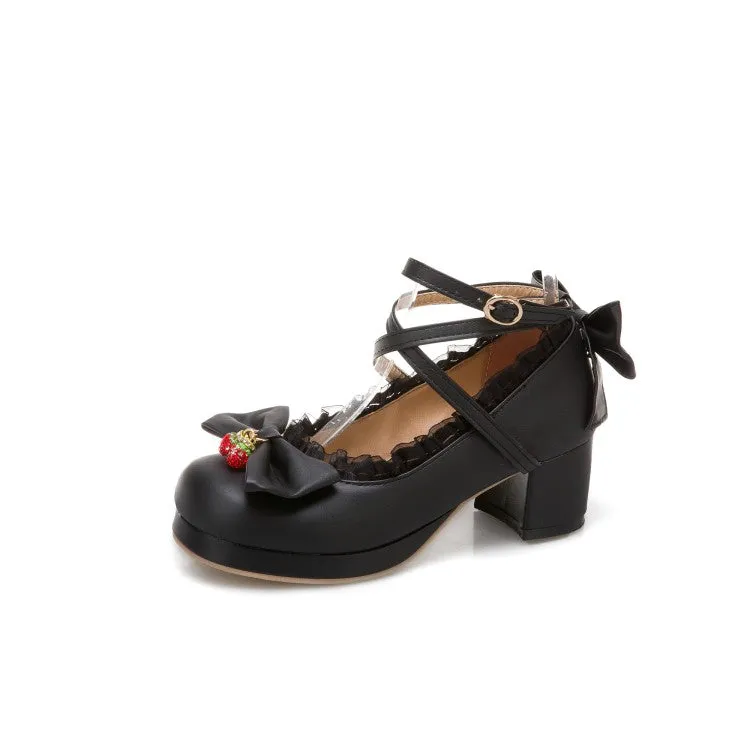 Women Lace Bow Tie Shallow Ankle Strap Block Heel Platform Pumps