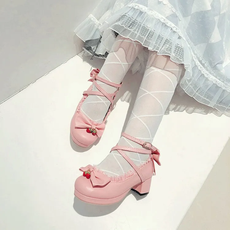 Women Lace Bow Tie Shallow Ankle Strap Block Heel Platform Pumps