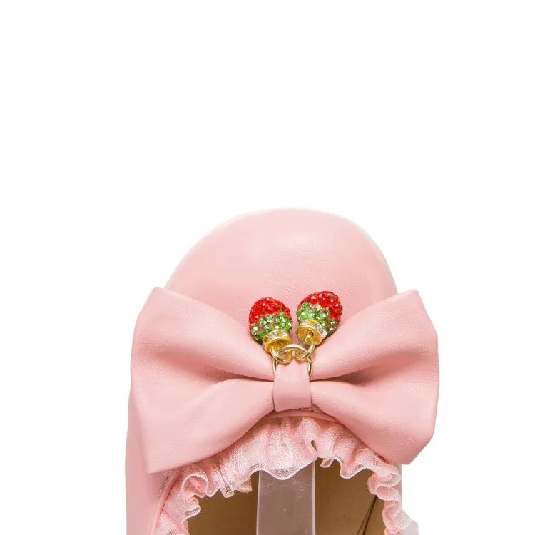 Women Lace Bow Tie Shallow Ankle Strap Block Heel Platform Pumps