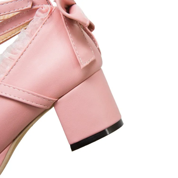 Women Lace Bow Tie Shallow Ankle Strap Block Heel Platform Pumps