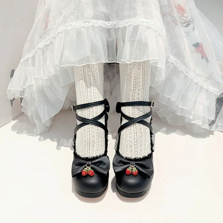 Women Lace Bow Tie Shallow Ankle Strap Block Heel Platform Pumps