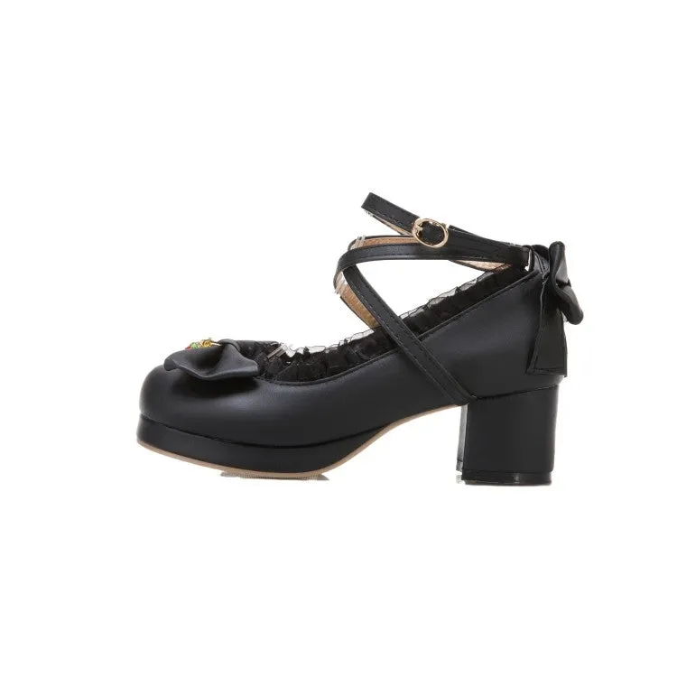 Women Lace Bow Tie Shallow Ankle Strap Block Heel Platform Pumps