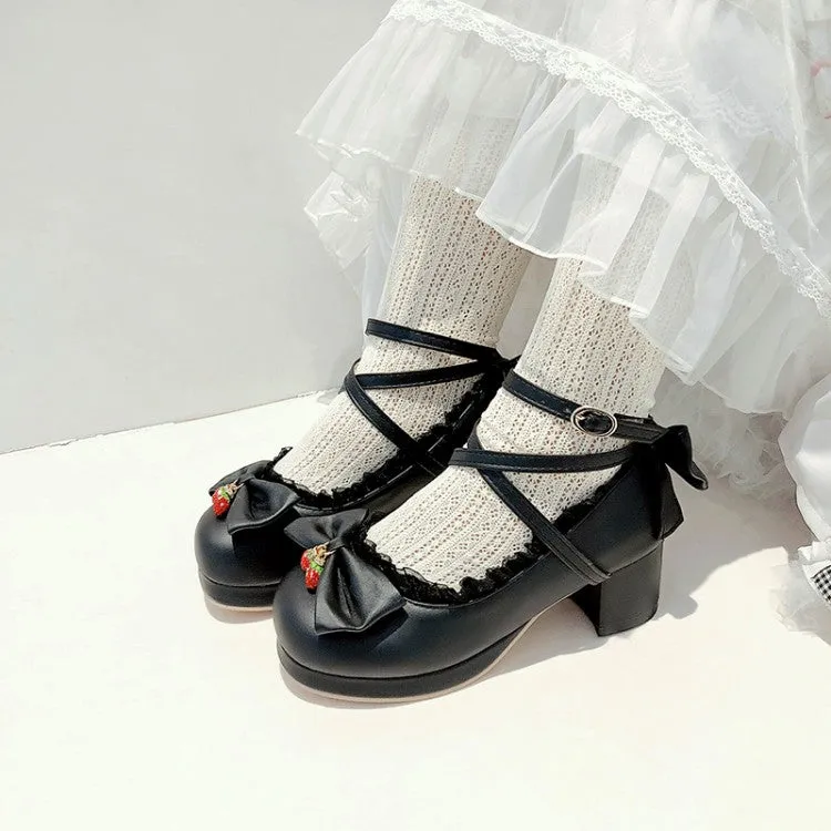 Women Lace Bow Tie Shallow Ankle Strap Block Heel Platform Pumps