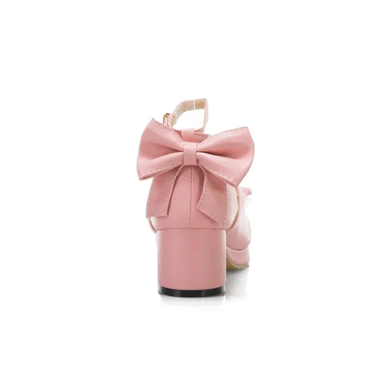 Women Lace Bow Tie Shallow Ankle Strap Block Heel Platform Pumps