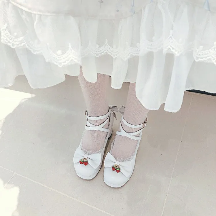 Women Lace Bow Tie Shallow Ankle Strap Block Heel Platform Pumps