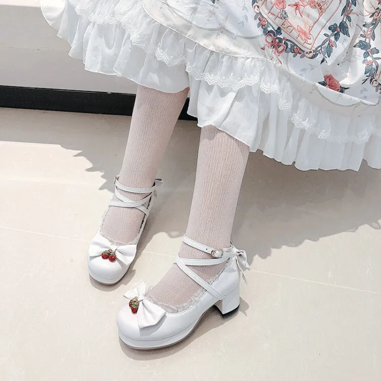 Women Lace Bow Tie Shallow Ankle Strap Block Heel Platform Pumps