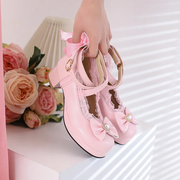 Women Lolita Lace Pearls Bow Tie Mary Janes Chunky Heel Pumps