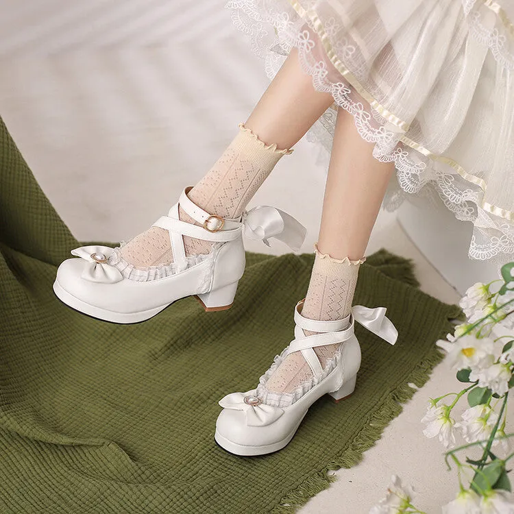 Women Lolita Lace Pearls Bow Tie Mary Janes Chunky Heel Pumps