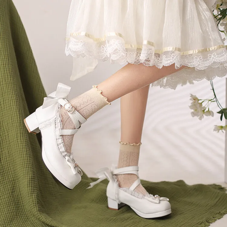 Women Lolita Lace Pearls Bow Tie Mary Janes Chunky Heel Pumps