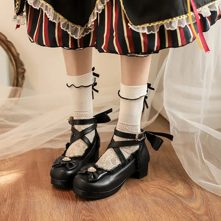 Women Lolita Lace Pearls Bow Tie Mary Janes Chunky Heel Pumps