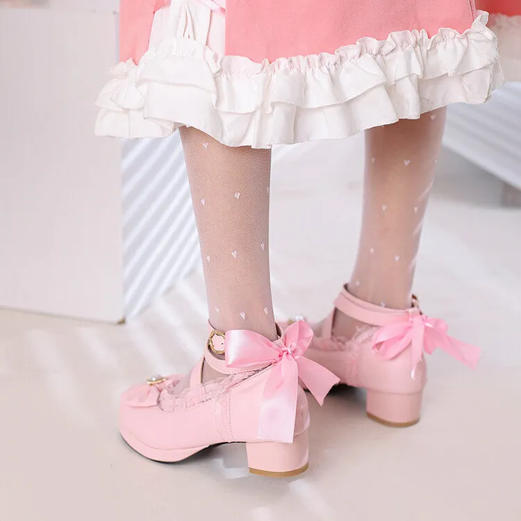 Women Lolita Lace Pearls Bow Tie Mary Janes Chunky Heel Pumps