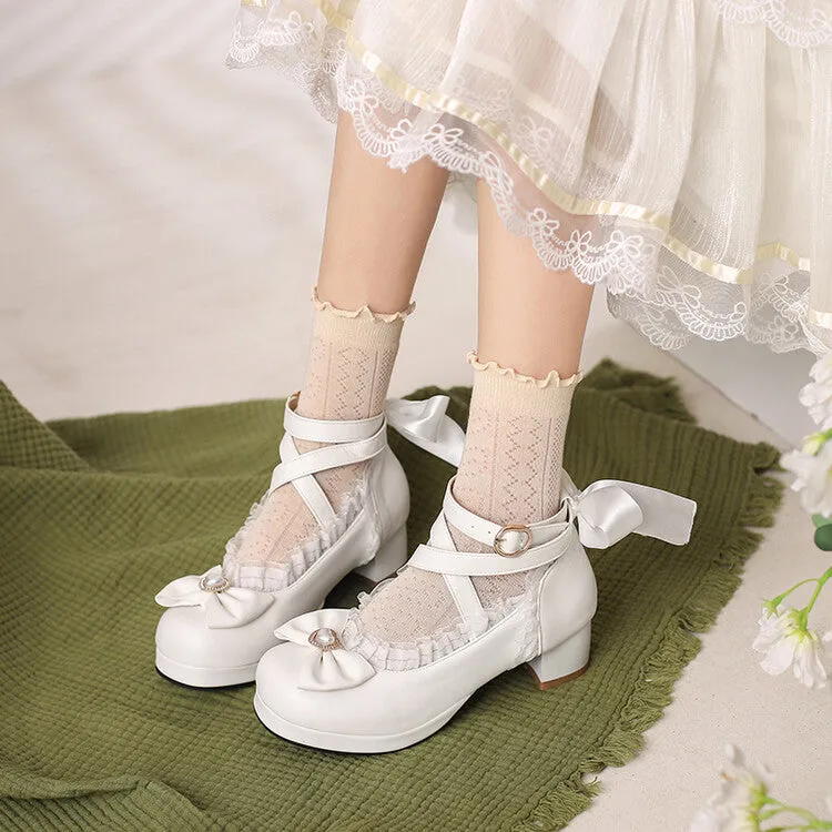 Women Lolita Lace Pearls Bow Tie Mary Janes Chunky Heel Pumps
