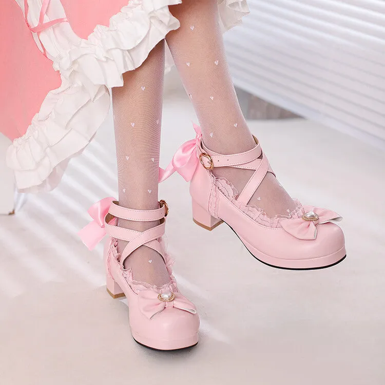 Women Lolita Lace Pearls Bow Tie Mary Janes Chunky Heel Pumps