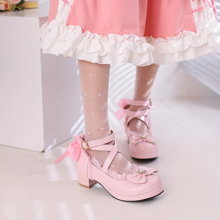 Women Lolita Lace Pearls Bow Tie Mary Janes Chunky Heel Pumps