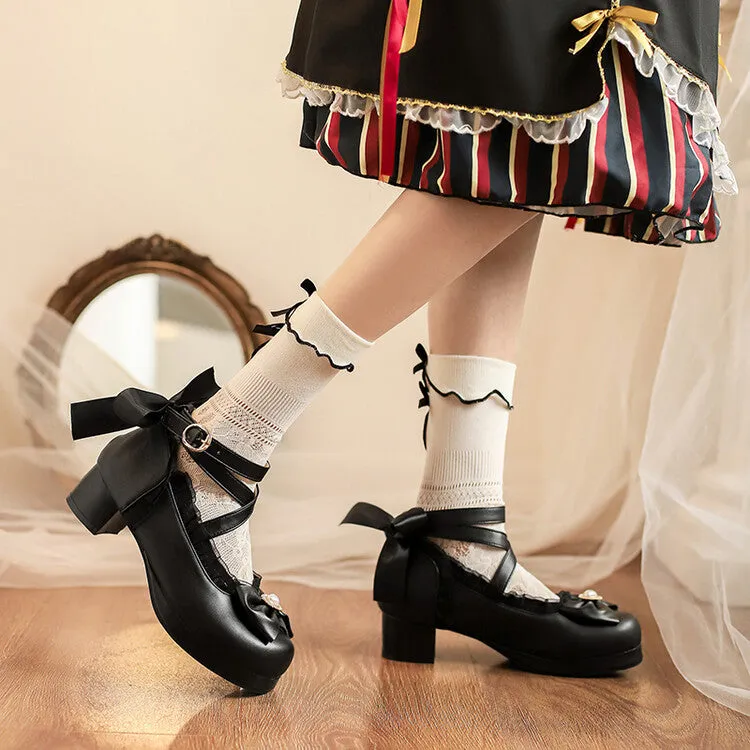 Women Lolita Lace Pearls Bow Tie Mary Janes Chunky Heel Pumps