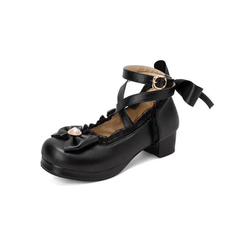 Women Lolita Lace Pearls Bow Tie Mary Janes Chunky Heel Pumps
