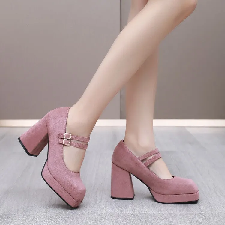 Women Square Toe Shallow Mary Janes Chunky Heel Platform Pumps