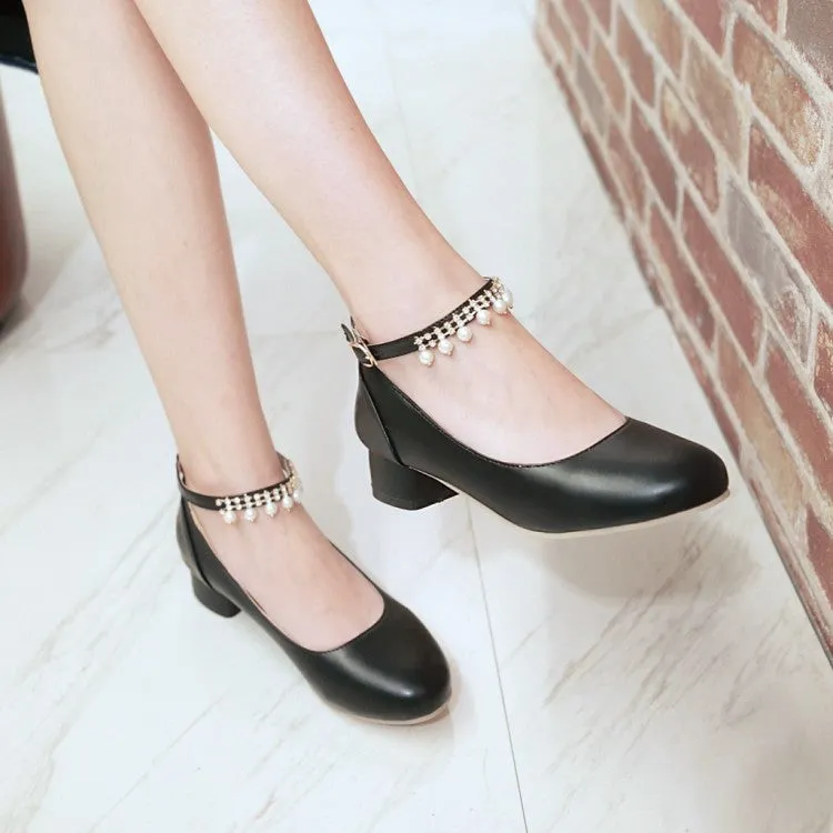 Women's Ankle Strap Pearl Chunky Heels Pumps Shoes