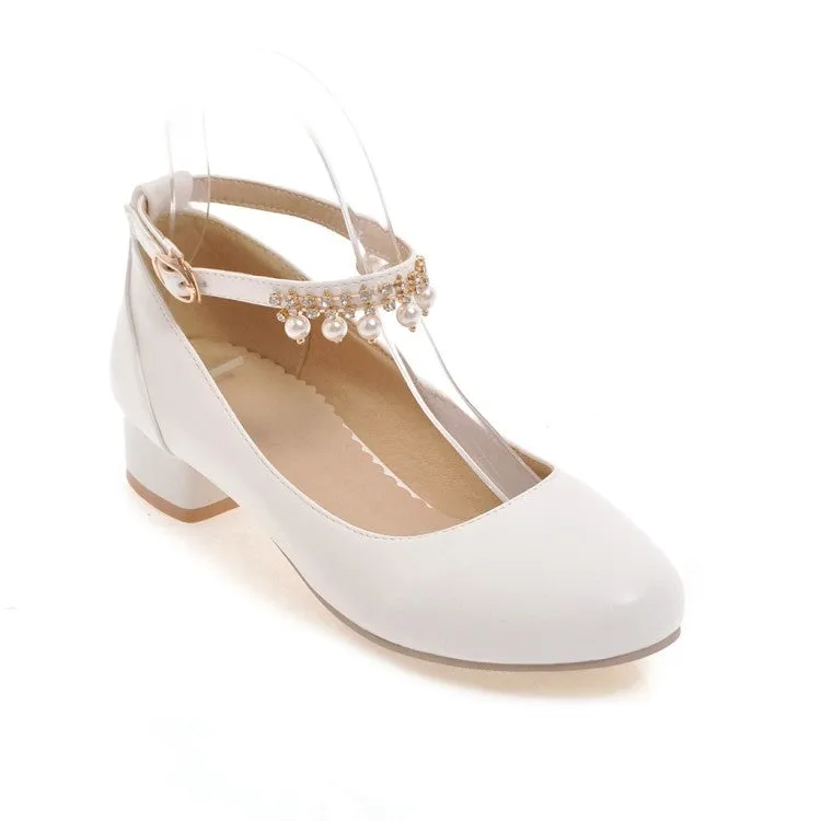 Women's Ankle Strap Pearl Chunky Heels Pumps Shoes