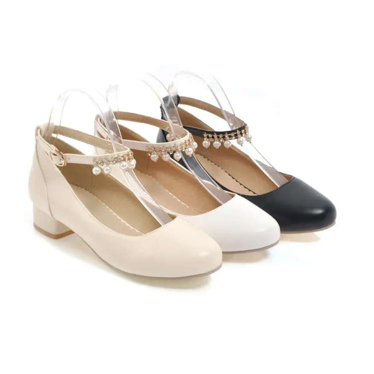 Women's Ankle Strap Pearl Chunky Heels Pumps Shoes