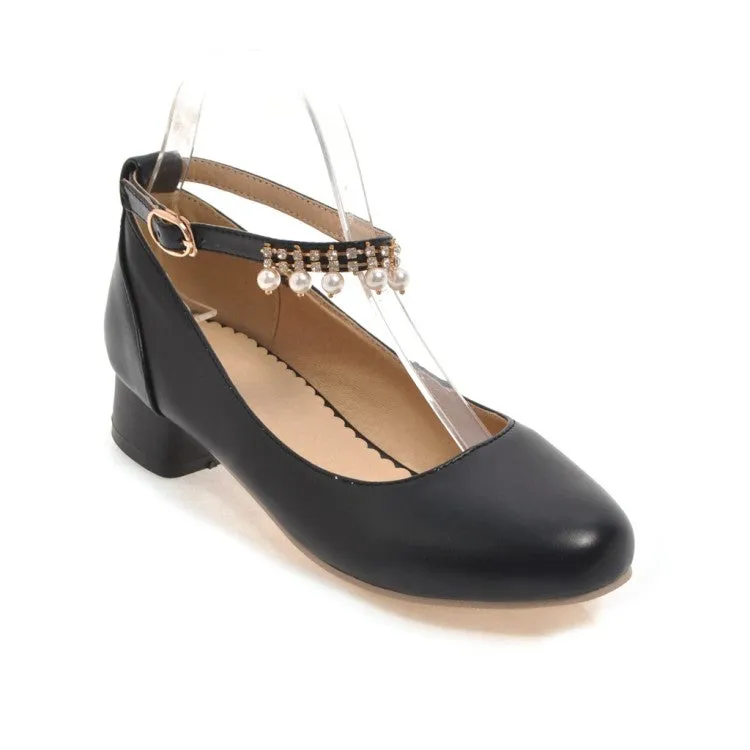 Women's Ankle Strap Pearl Chunky Heels Pumps Shoes