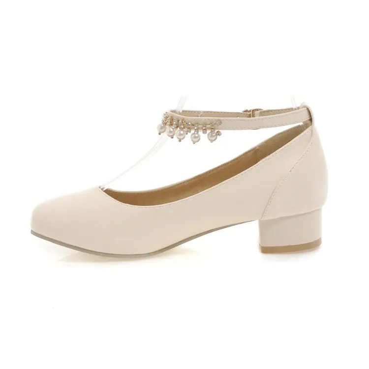 Women's Ankle Strap Pearl Chunky Heels Pumps Shoes