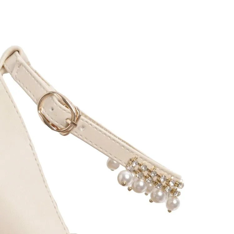 Women's Ankle Strap Pearl Chunky Heels Pumps Shoes