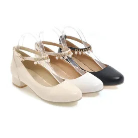 Women's Ankle Strap Pearl Chunky Heels Pumps Shoes
