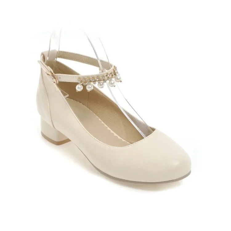 Women's Ankle Strap Pearl Chunky Heels Pumps Shoes