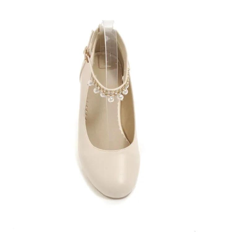 Women's Ankle Strap Pearl Chunky Heels Pumps Shoes