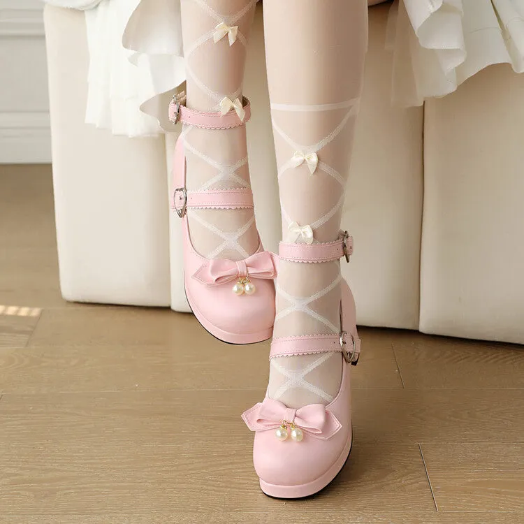Women's Bowtie Buckle Chunky Heel Platform Pumps High Heels Mary Jane Lolita Shoes