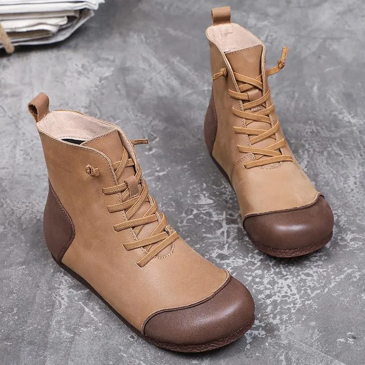 Womens Handmade Retro Color Matching Leather Flat Boots