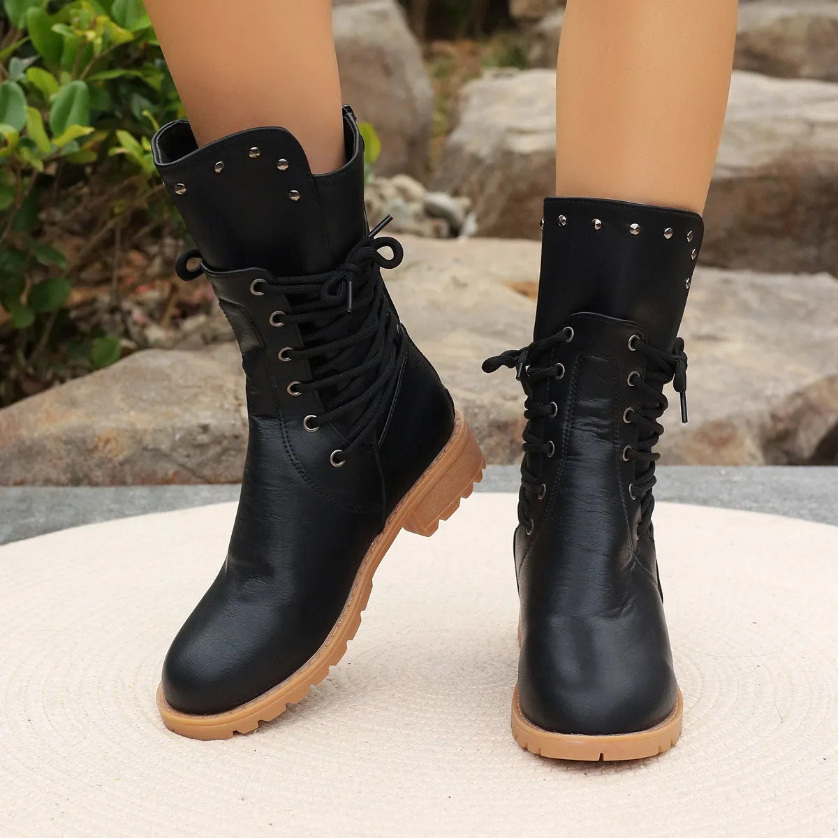 Womens Mid-Calf Boots  Synthetic Leather  Lace-Up  Chunky Heel  Stud Detail