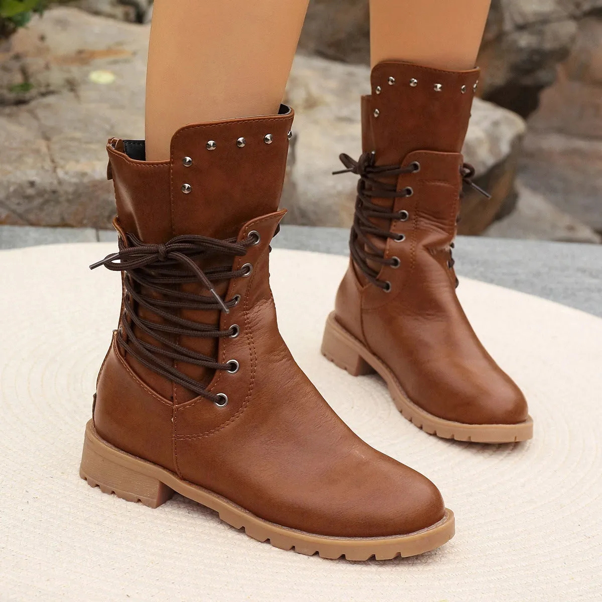 Womens Mid-Calf Boots  Synthetic Leather  Lace-Up  Chunky Heel  Stud Detail