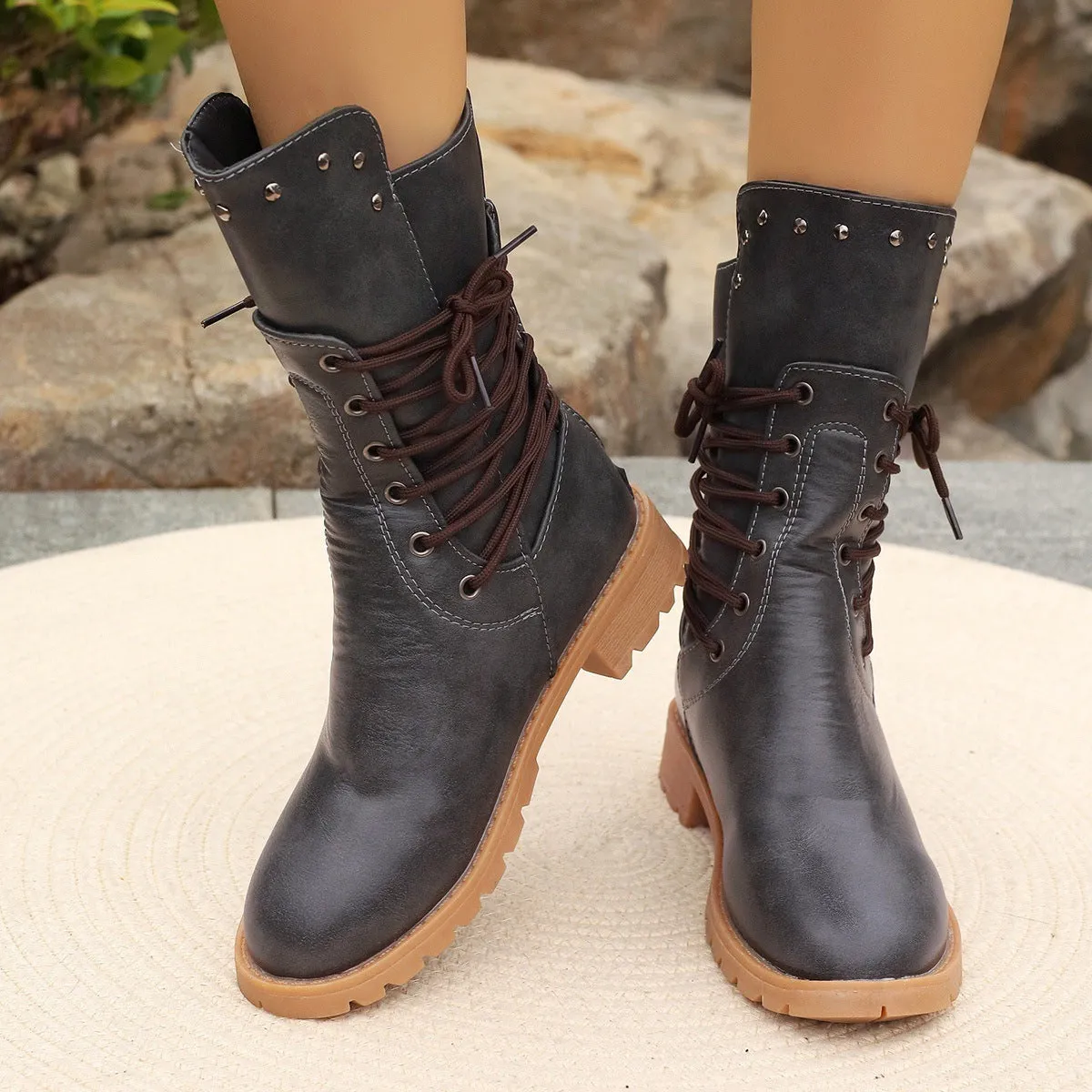 Womens Mid-Calf Boots  Synthetic Leather  Lace-Up  Chunky Heel  Stud Detail