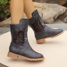 Womens Mid-Calf Boots  Synthetic Leather  Lace-Up  Chunky Heel  Stud Detail