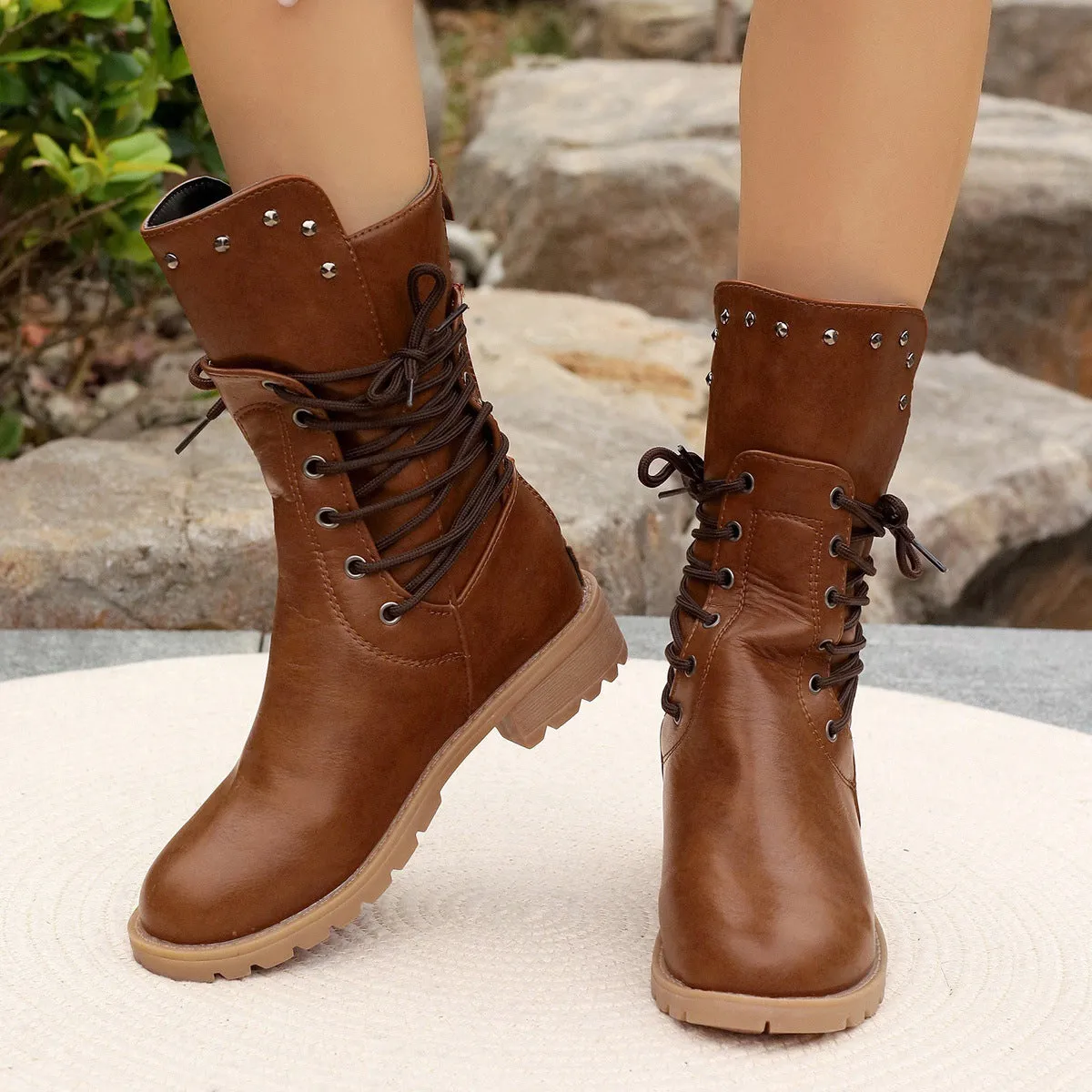 Womens Mid-Calf Boots  Synthetic Leather  Lace-Up  Chunky Heel  Stud Detail