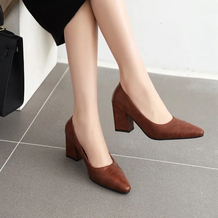 Women's Pointed Toe High Heels Chunky Pumps