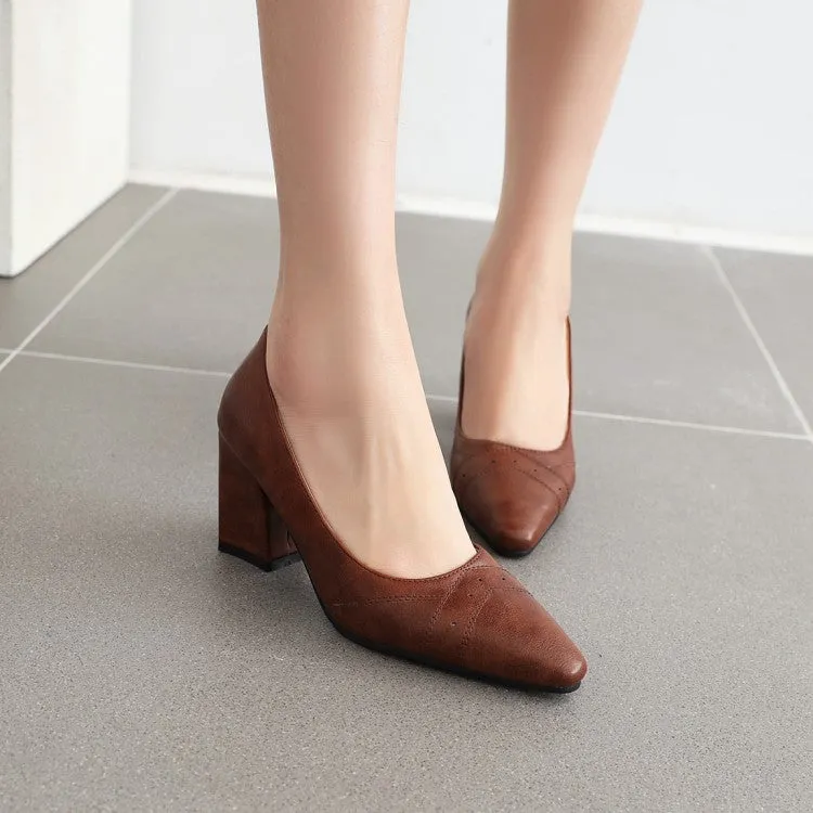 Women's Pointed Toe High Heels Chunky Pumps