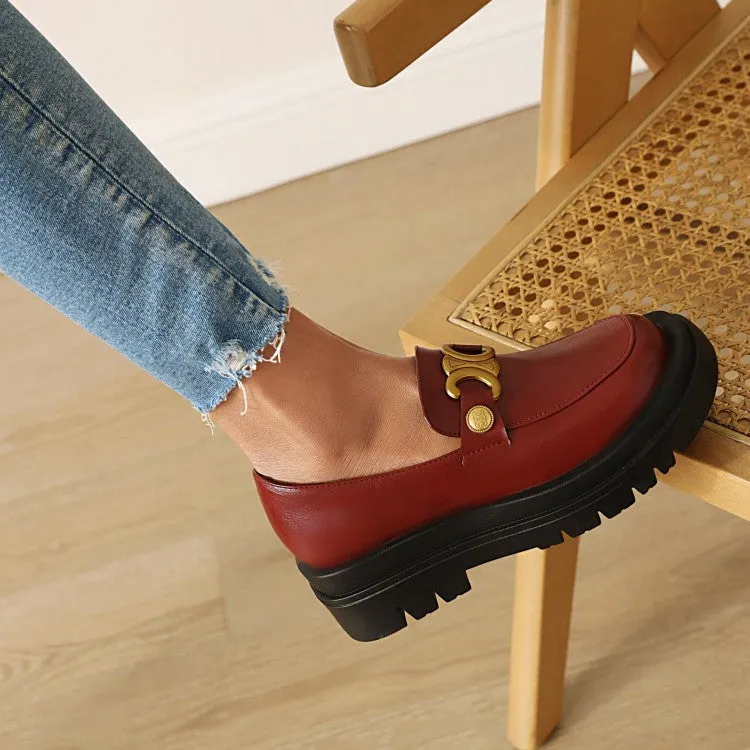Women's Pu Leather Round Toe Metal Platform Block Heel Shoes