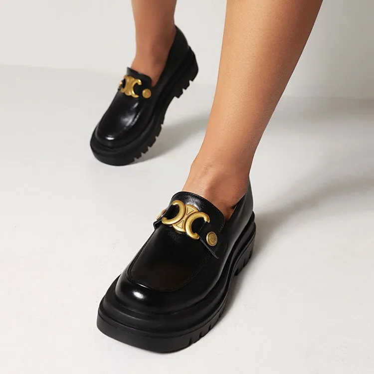 Women's Pu Leather Round Toe Metal Platform Block Heel Shoes