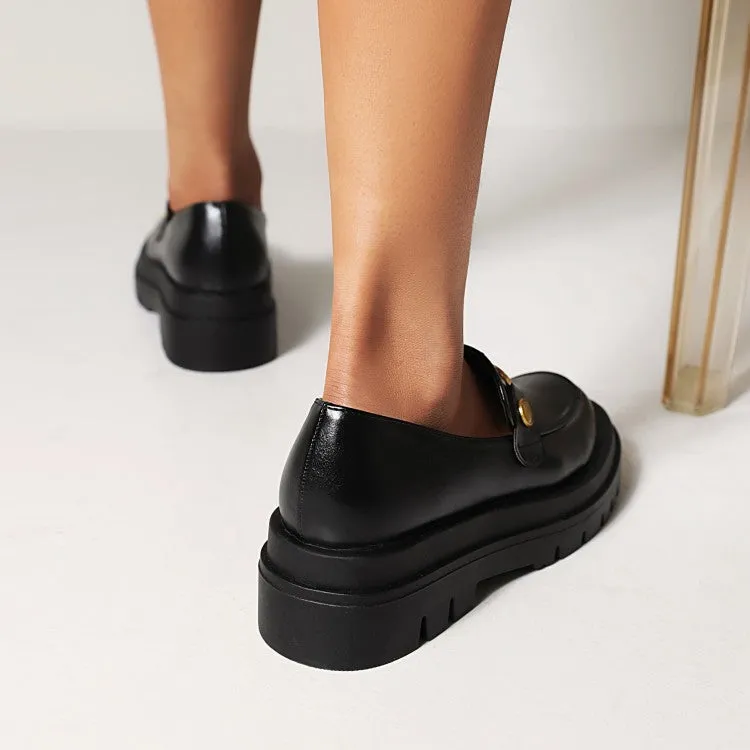 Women's Pu Leather Round Toe Metal Platform Block Heel Shoes