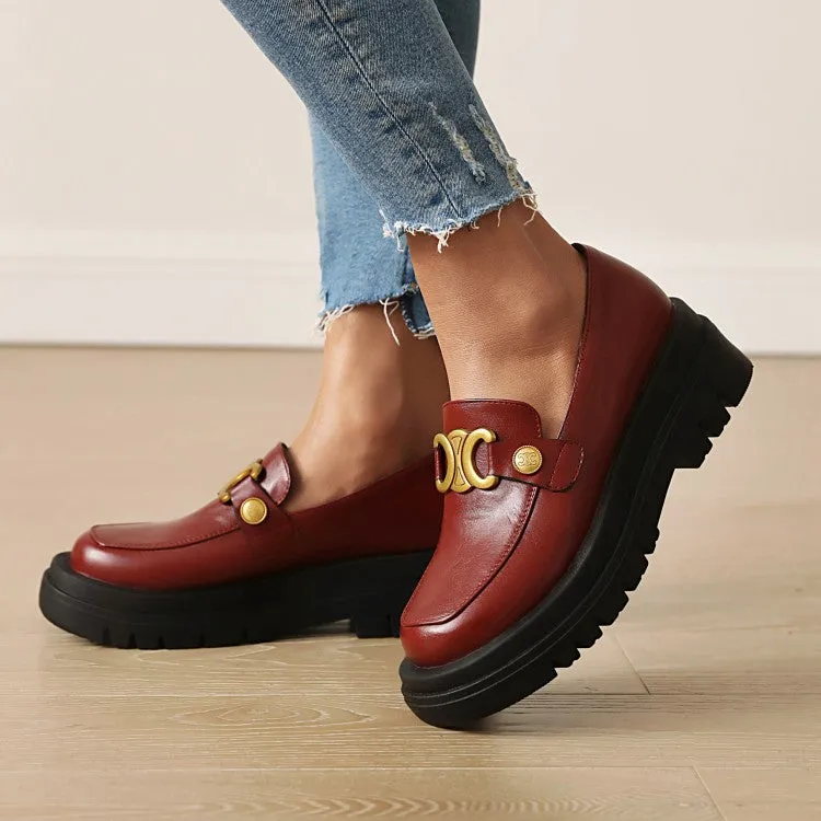 Women's Pu Leather Round Toe Metal Platform Block Heel Shoes