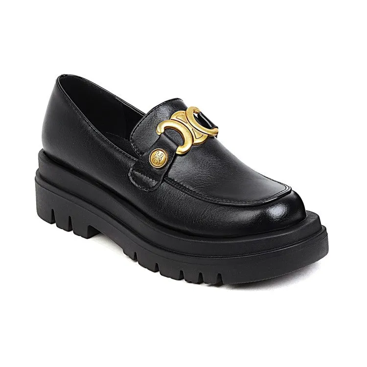 Women's Pu Leather Round Toe Metal Platform Block Heel Shoes