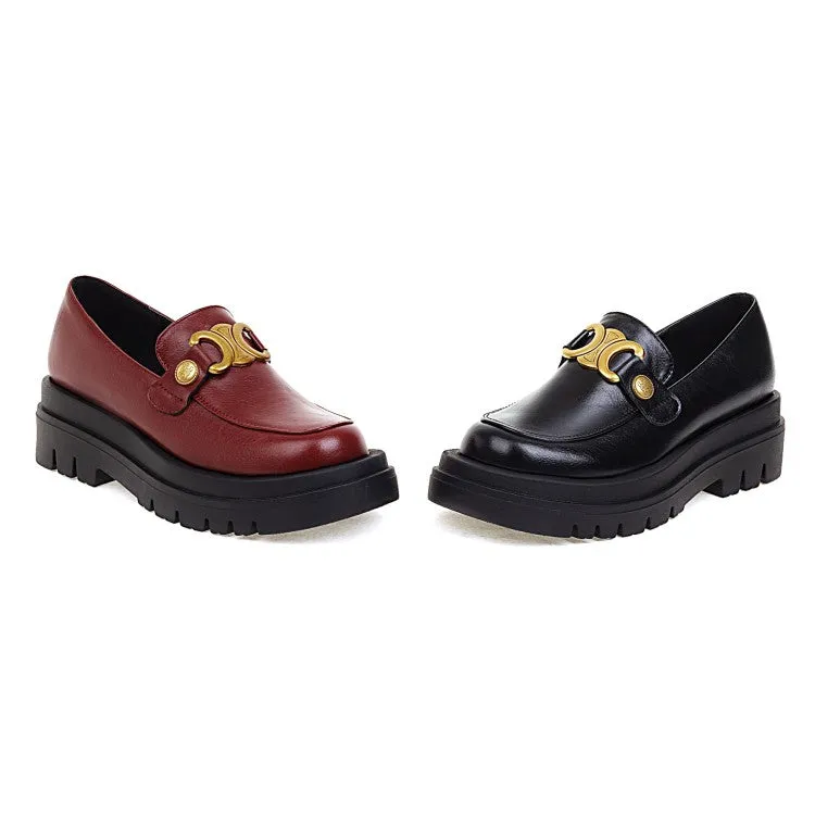 Women's Pu Leather Round Toe Metal Platform Block Heel Shoes