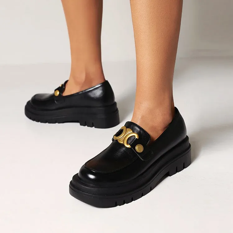 Women's Pu Leather Round Toe Metal Platform Block Heel Shoes