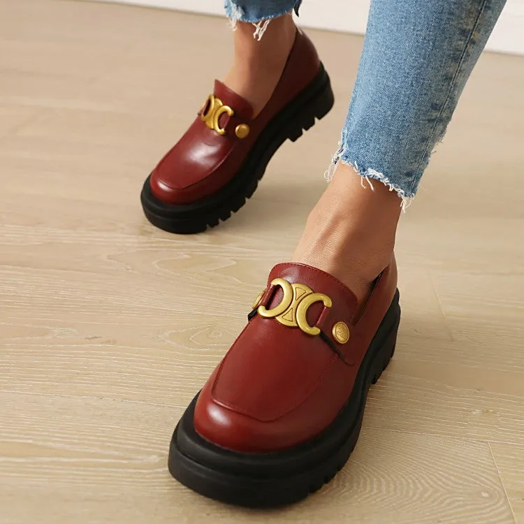Women's Pu Leather Round Toe Metal Platform Block Heel Shoes