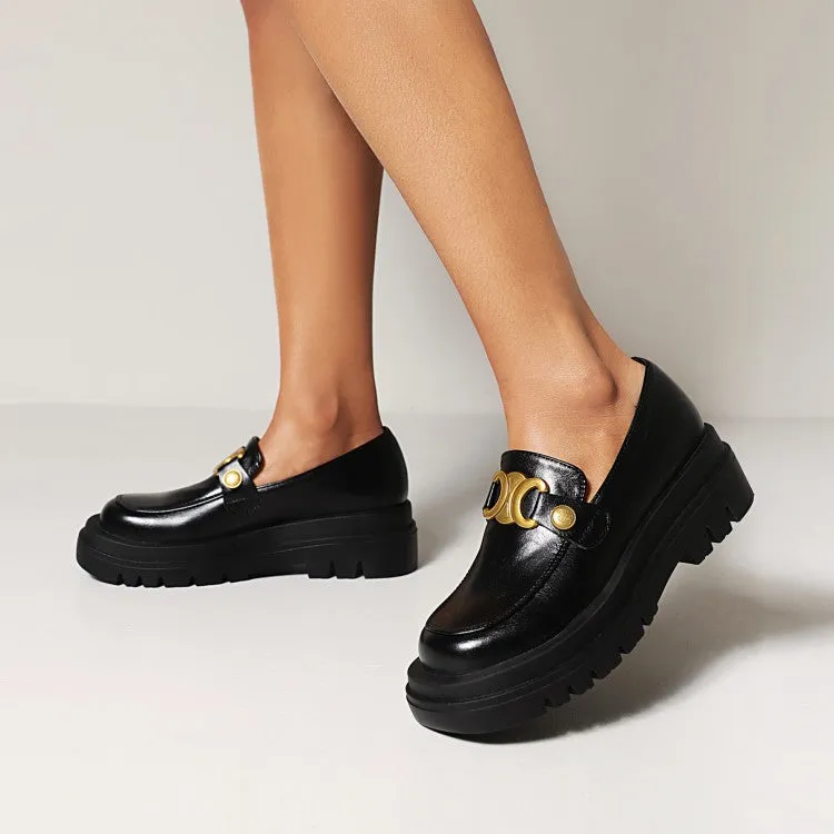 Women's Pu Leather Round Toe Metal Platform Block Heel Shoes