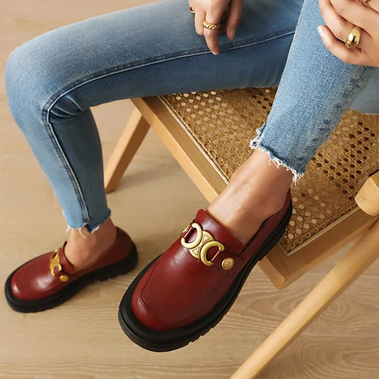Women's Pu Leather Round Toe Metal Platform Block Heel Shoes