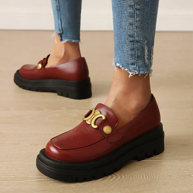 Women's Pu Leather Round Toe Metal Platform Block Heel Shoes